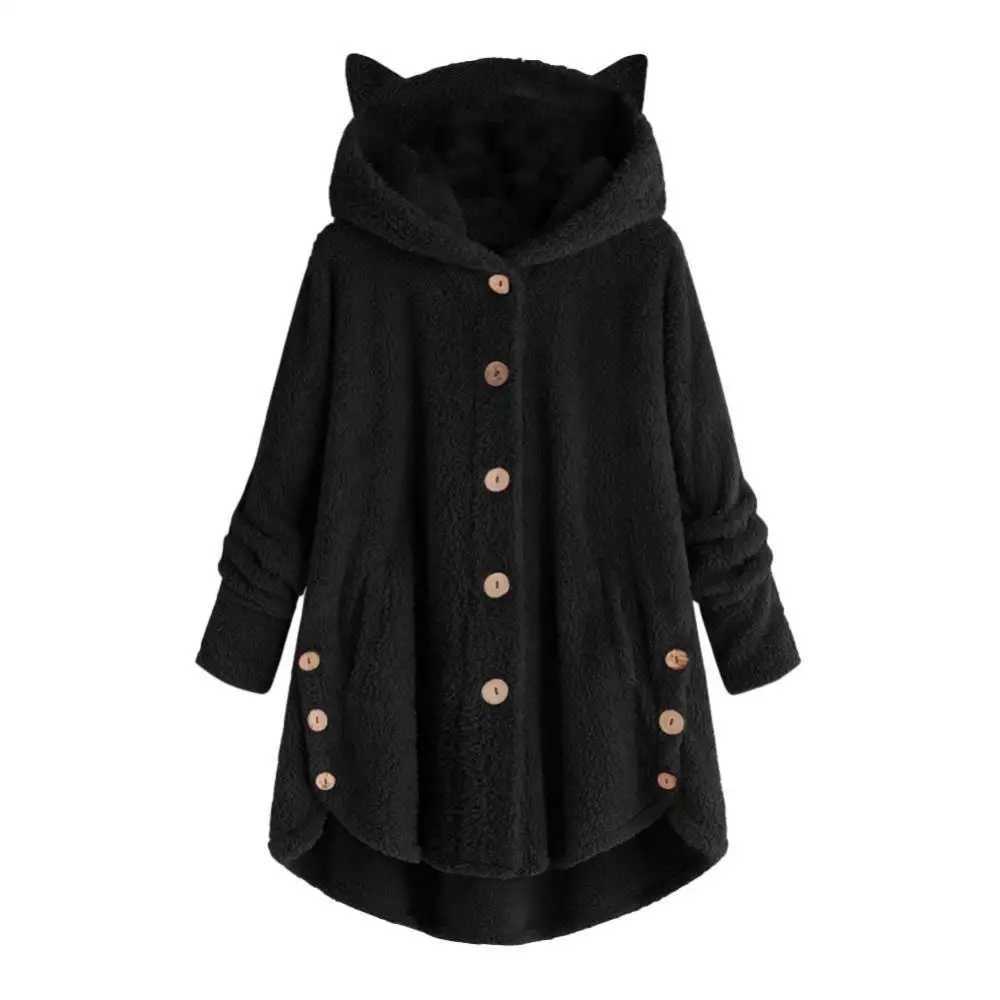 Cute Thick Plush Women Hoodies Winter Fur Cats Ears Hooded Irregular Hem Button Jacket Fleece Hoodies CoatX241016