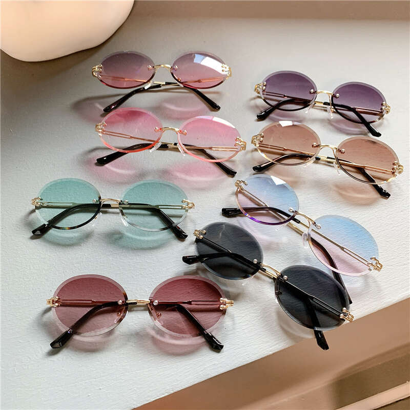 For Trendy Woman Sunglasses Summer Rimless Cut-edge Sunglass Oval Fashion Brand Designer Shades Pink Women's Sun Glasses UV400