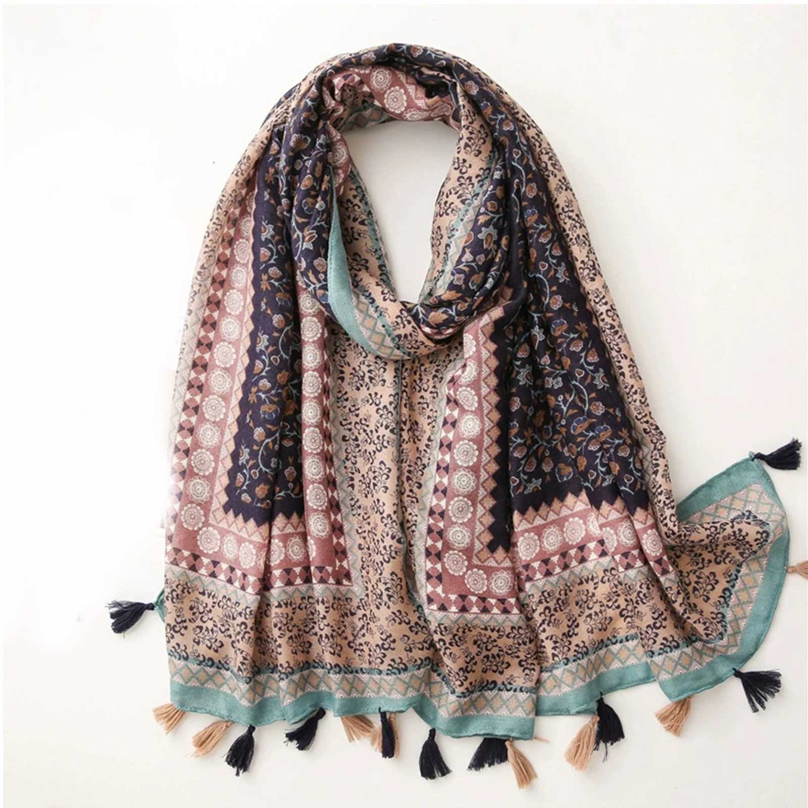 180 * 85cm ribbon style Muslim scarf outdoor cotton and linen scarf warm all year round sage poppa printed beach towel X241017