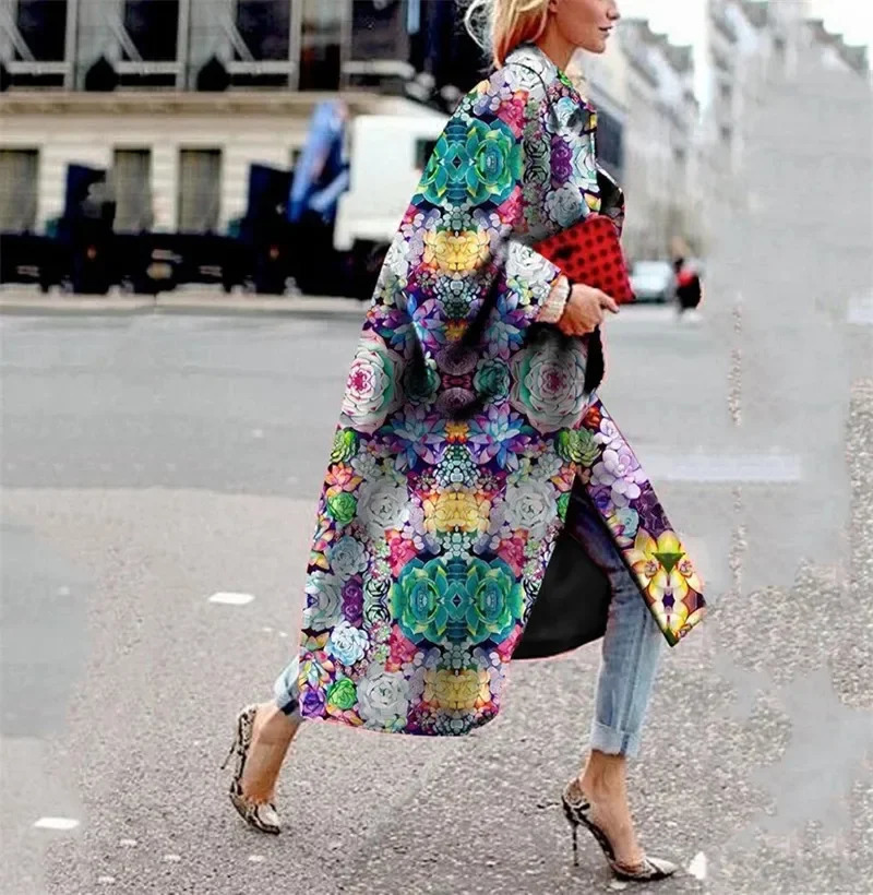 2024 Trench Coat Windbreaker Outwear for Women Fashion Geometric Print Color Female Casual Long Cardigan Coat Turn-Downs 241017