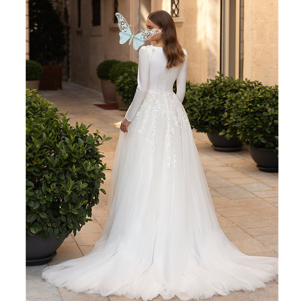 Floral Tulle Scoop Muslim Wedding Dresses A-Line Long Sleeves White Bridal Gowns For Woman Classic Appliques Vestido De Mariages