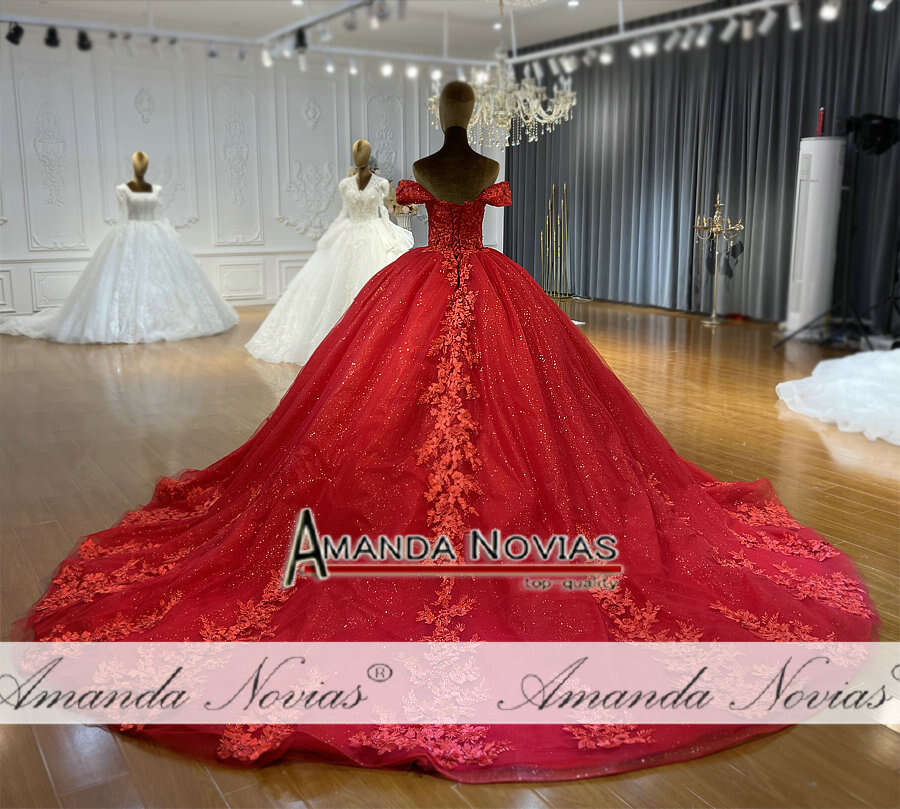 Off Shoulder Lace Red Ball Gown Wedding Dress