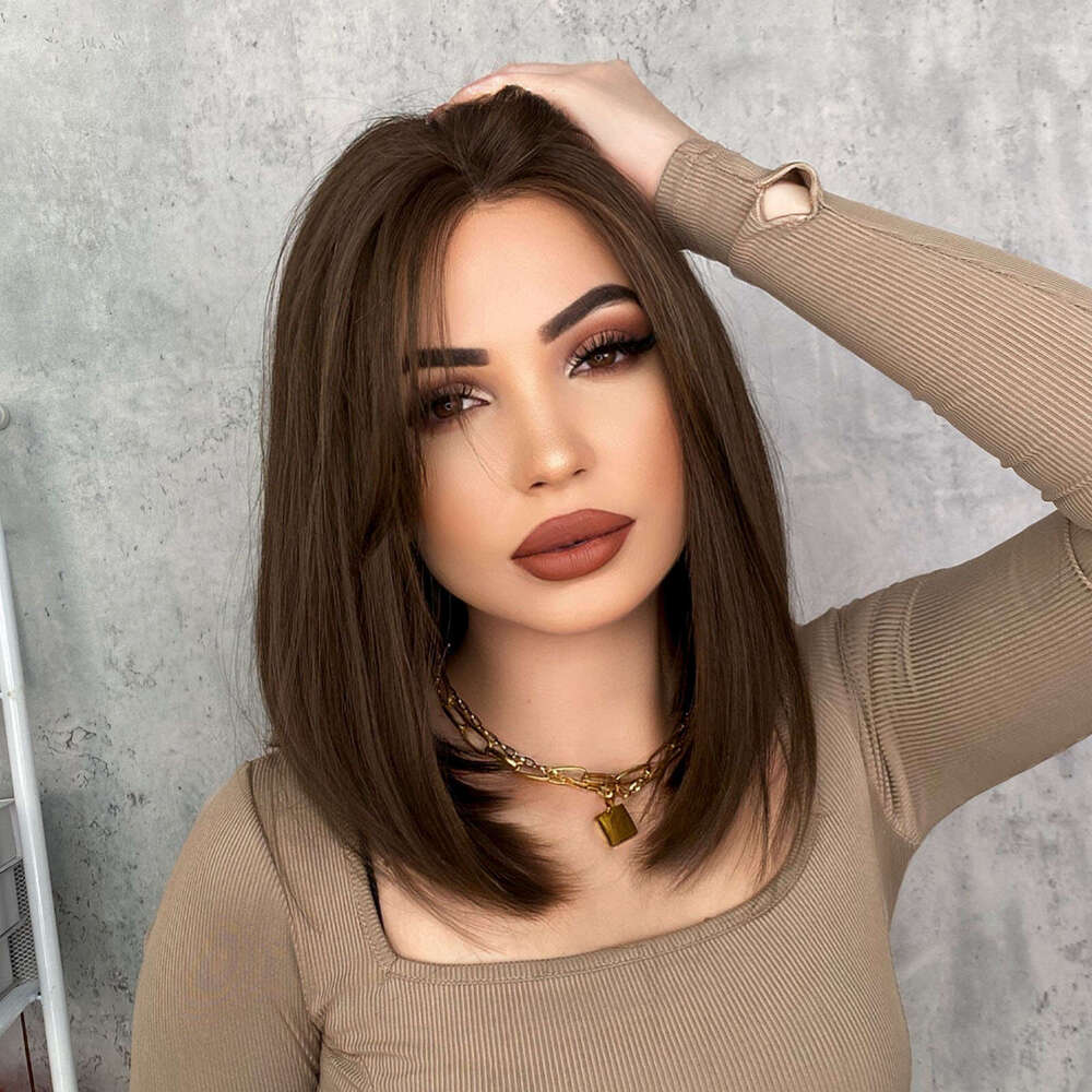 Ladies' Little T Front Wig Synthetic Full Headset Brown Short Straight Hair Mid Split Bob Lace Wigs