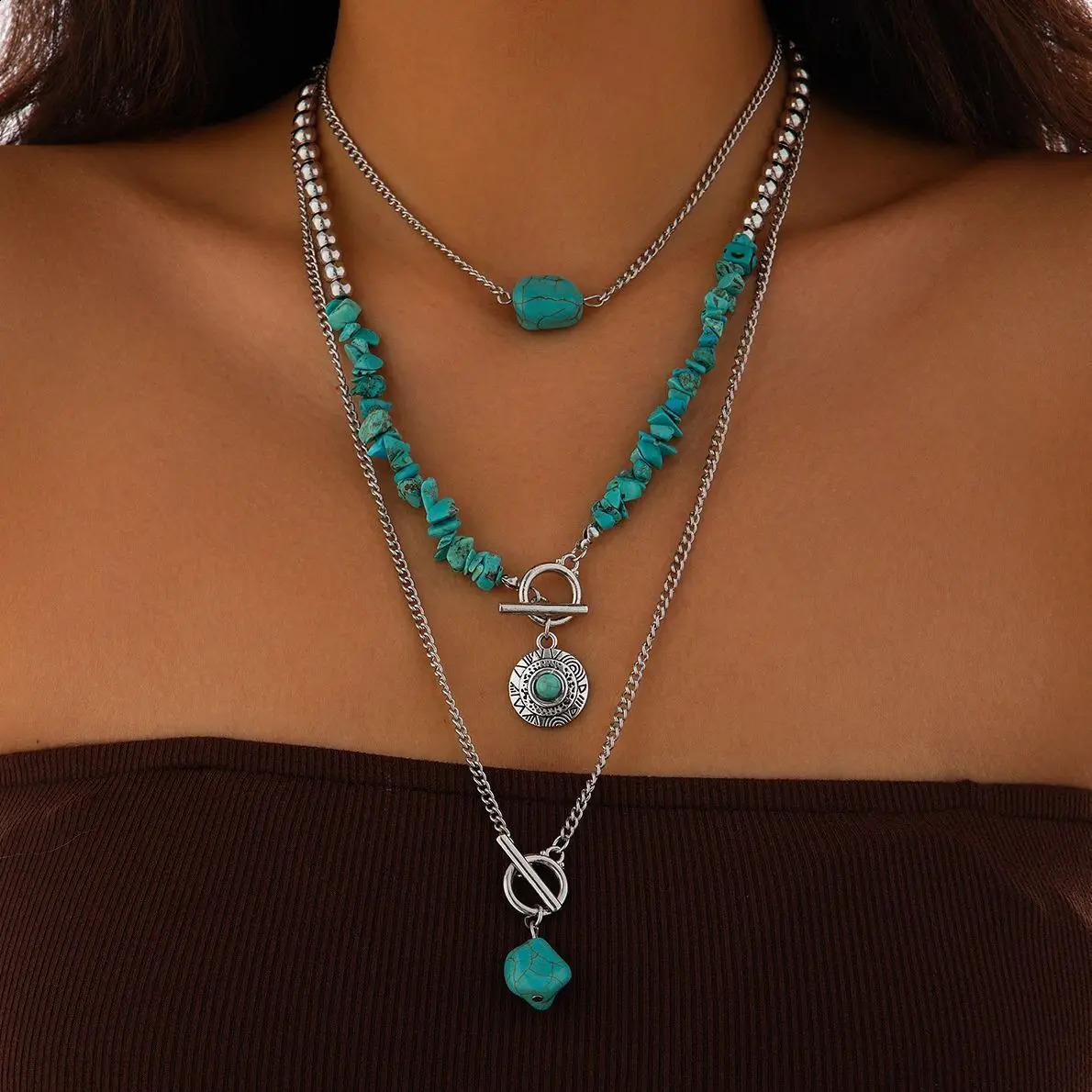 KunJoe 3Pcs Retro Blue Natural Stone Bead Necklace Bohemian Womens Geometric Pendant Necklace Fashion Necklace Jewelry 241017