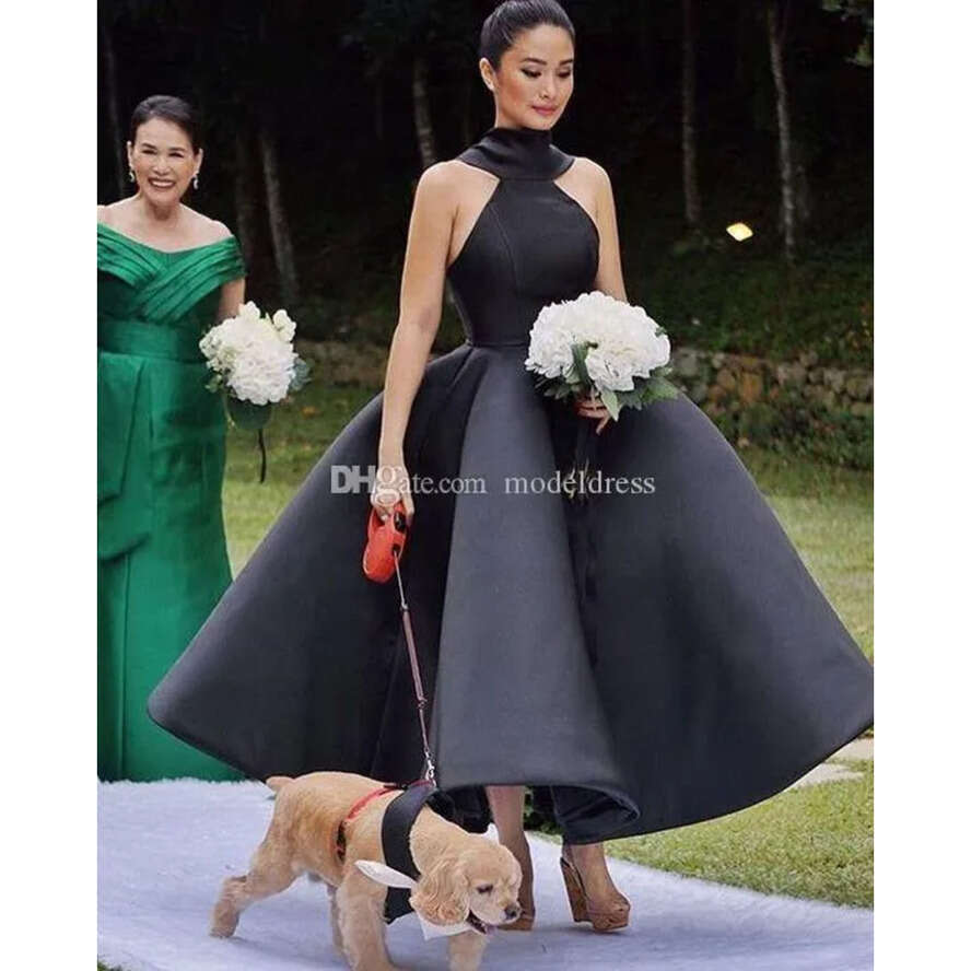 Runway Evening Dresses Latest Halter High Neck Backless Big Bow Ankle Length Satin White Black Prom Party Red Carpet Gowns Vestidos