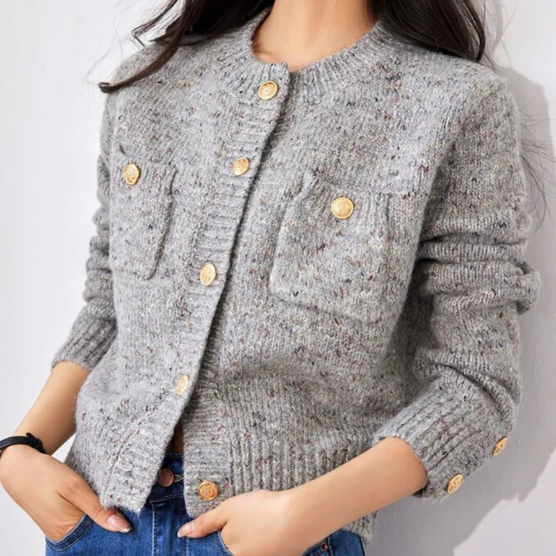 Fall Gray Knit Cardigan Sweater Coat Women O-Neck Long Sleeve Elegant Solid Office Sweater Buttons Pocket Casual Sweater Winter 241017