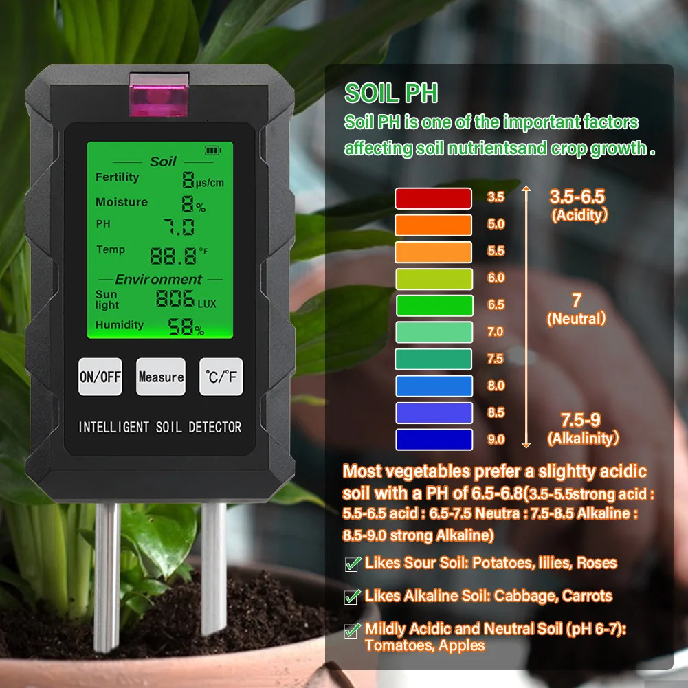 Digital 6-in-1 Soil PH Meter Soil Fertility Soil Moisture Sunlight Environment Humidity Temperature Tester Monitoring Instrument Garden Soli Analyzer 