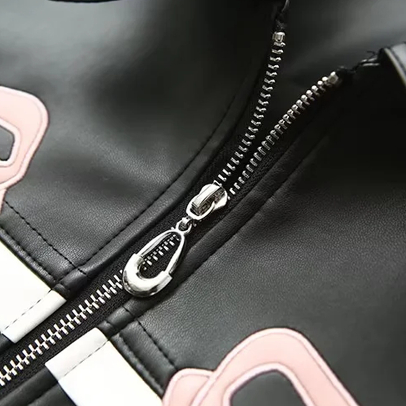Pink Bow Motorcycle Jacket Women's Coat With Zipper Outwear Black Pur Leather Inszartrafs Chaquetas De Cuero Para Mujer