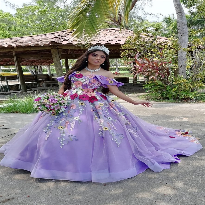 Beautiful Lilac Quinceanera Dresses Off Shoulders Colorful Flowers Princess Vestido De 15 Anos Debutante Charro Sweet 16 Dress Party Birthday Formal P