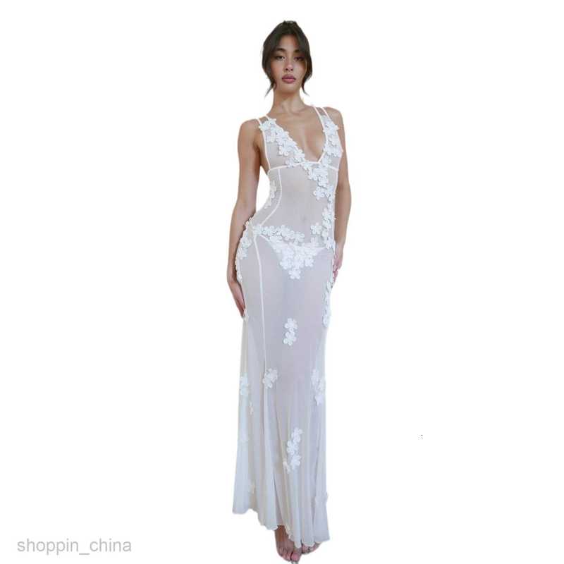 Basic Casual Women Dresses new deep V sexy backless camisole dress with mesh perspective three-dimensional flower dress