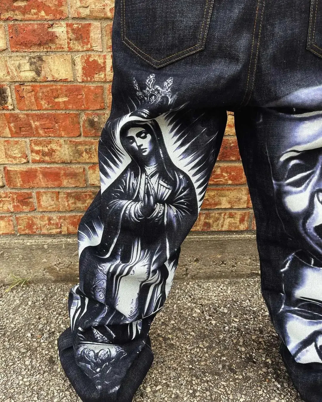 Hip hop street print casual jeans beautiful Y2K retro gothic fashion embroidered leg wide leg jeans mens clothing 241009
