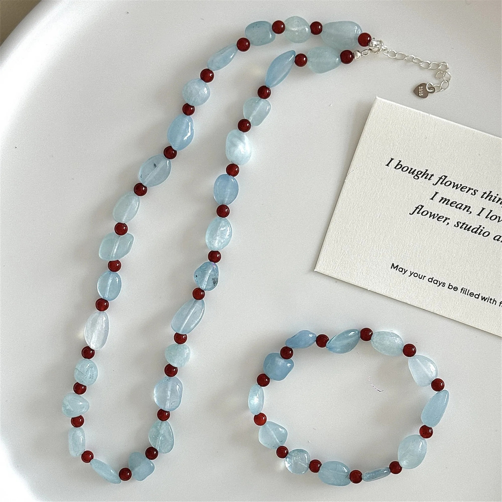 Natural aquamarine gemstone red agate irregular bead necklace for womens bohemian handmade bluestone bracelet necklace jewelry set gift 241017