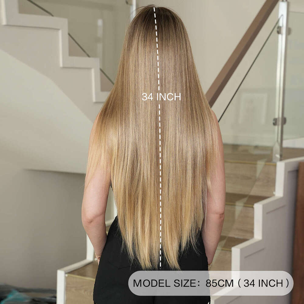Blonde Women's Extra Long Medium Split Straight Hair Full Headset Nordic Natural Gold Gradually Changing Fiber Wig