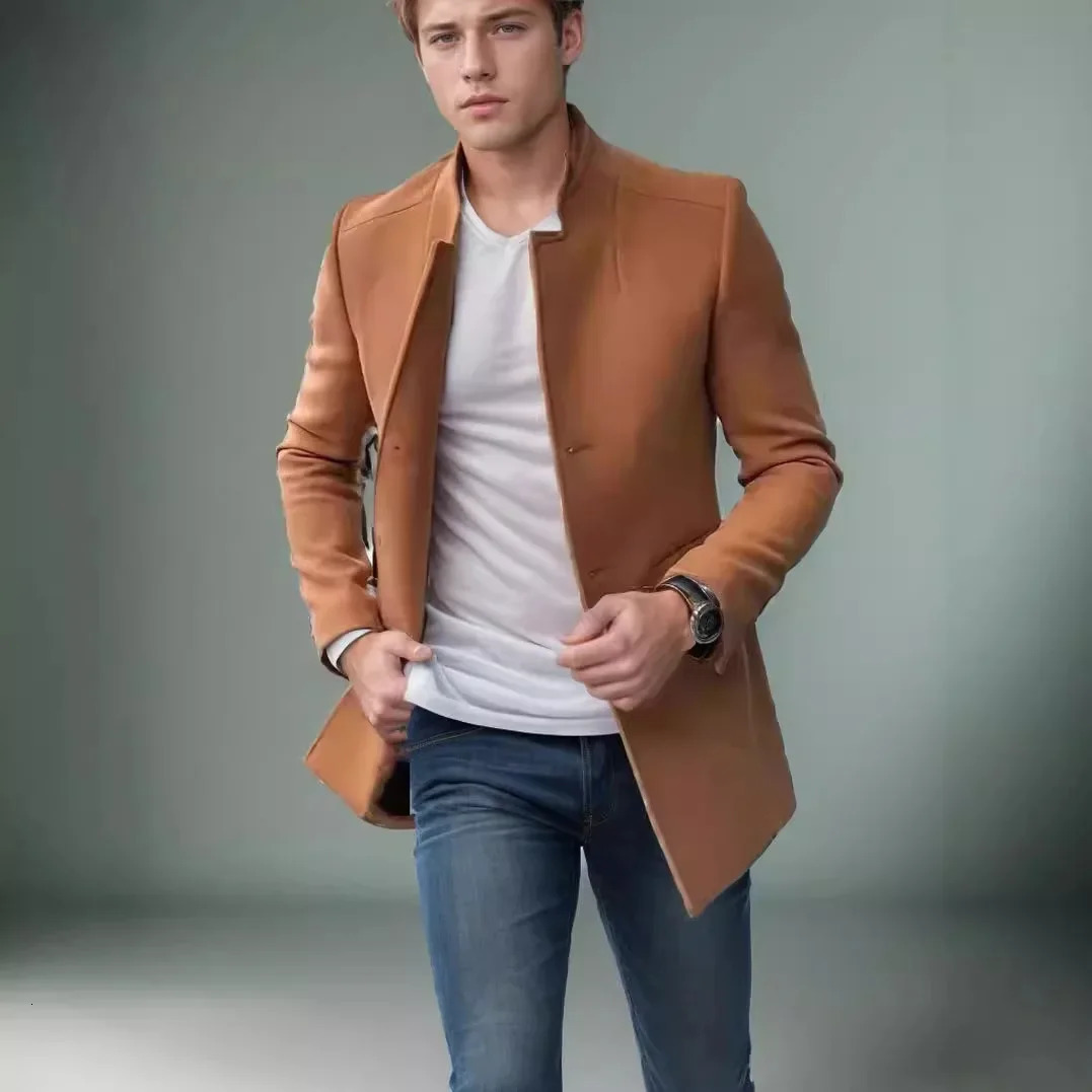 2024 Spring and Autumn Casual Mens Clothing for Youth Trendy Solid Color Slim Fit Longsleeved Woolen Coat Suits 241017
