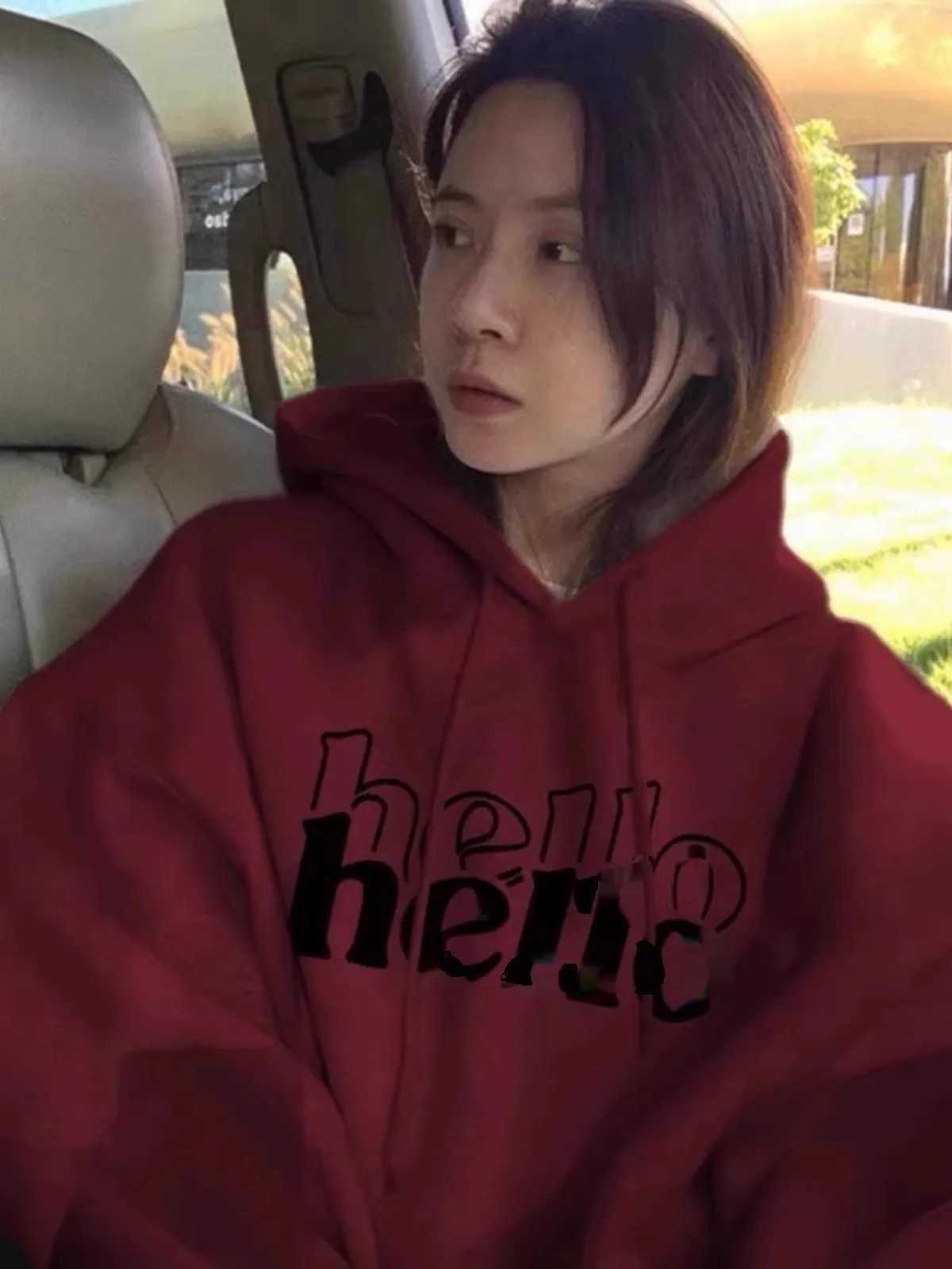 Burgundy High-end Sweatshirt for Women American Autumn and Winter Retro Lazy Style oversize Loose Spring Hooded JacketX241016