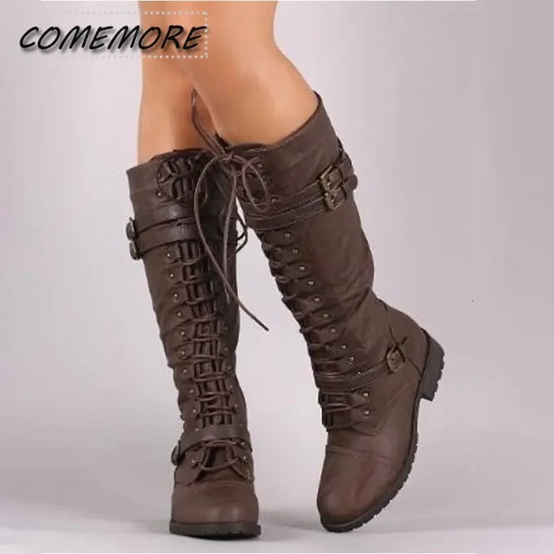 Women Knee High Autumn Winter Lace Up Flat Shoes Sexy Steampunk PU Retro Buckle Woman Footwear Ladies Snow Boots Platform 241016