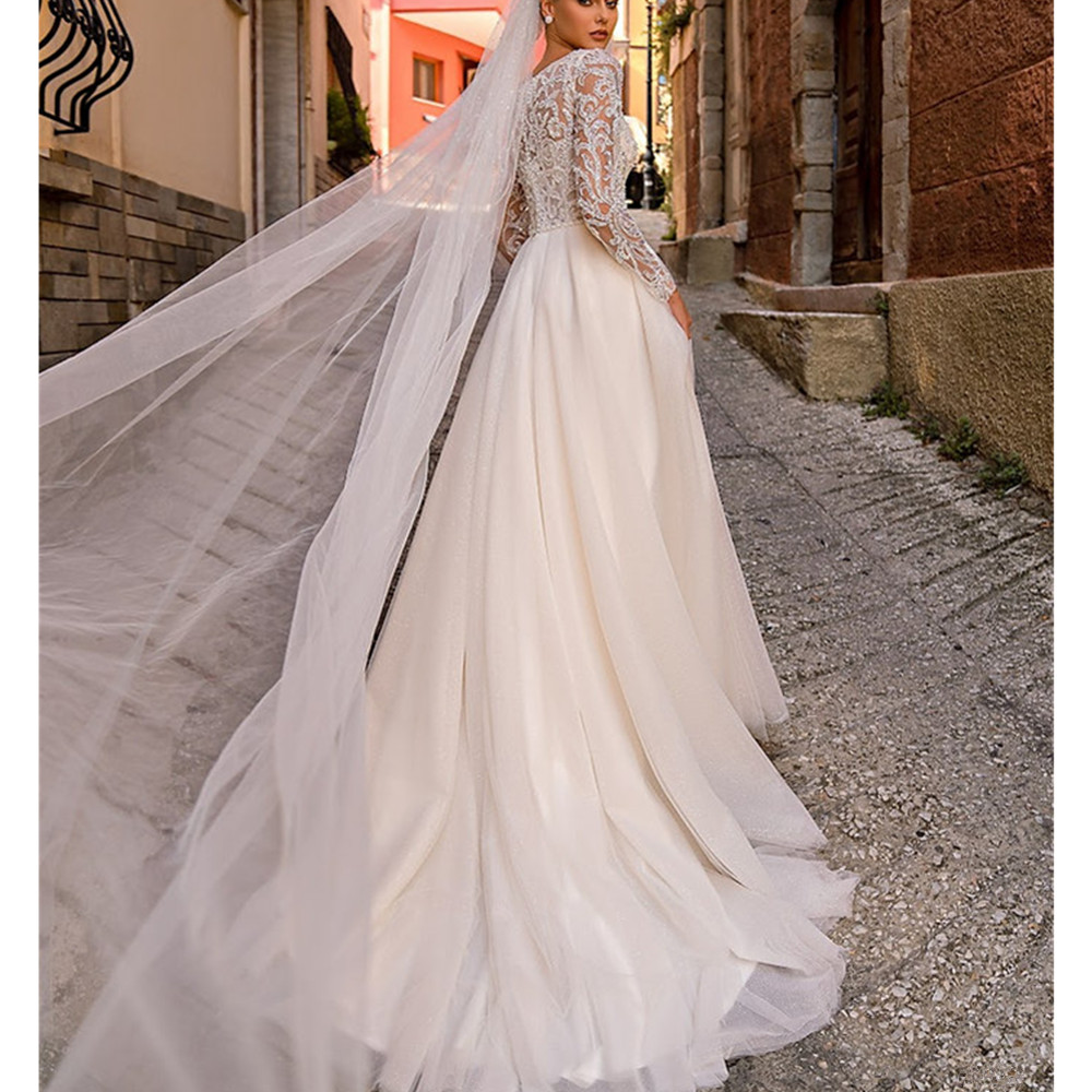 Wedding Dresses A Line Long Sleeve Squins Lace Bride Dresses Robe De Mariee Floor Length Wedding Gown Long Sleeves Bride Dresses Vestidos