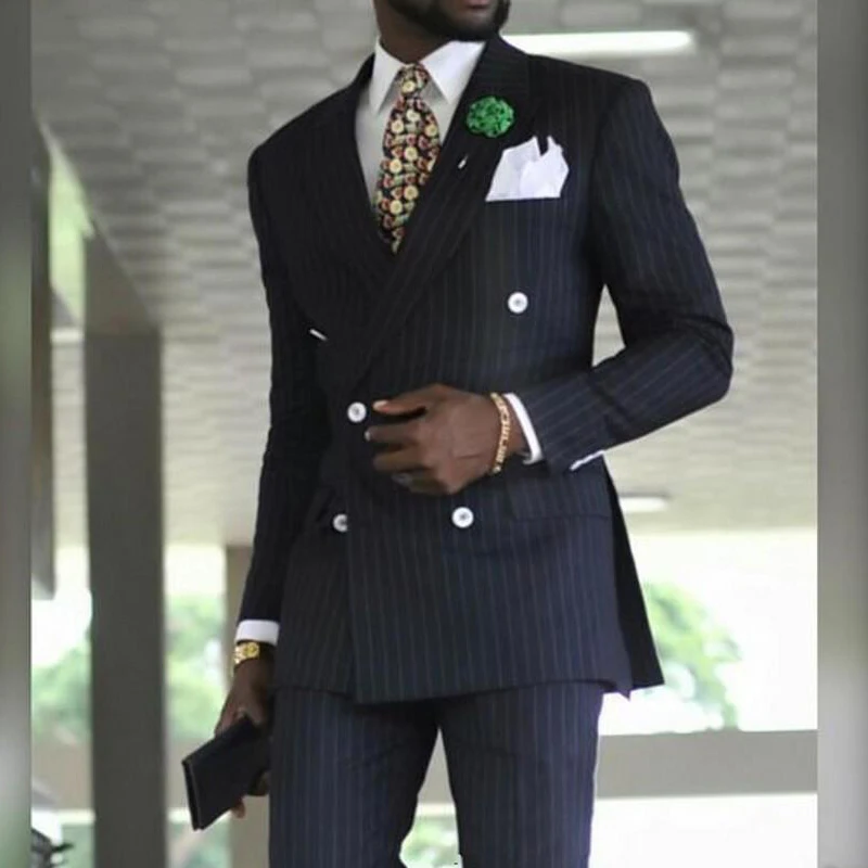 Striped Double Breasted Suits for Men Business 2 Piece Formal Wedding Tuxedo Peaked Lapel Male Fashion Jacket with Pants 2024
