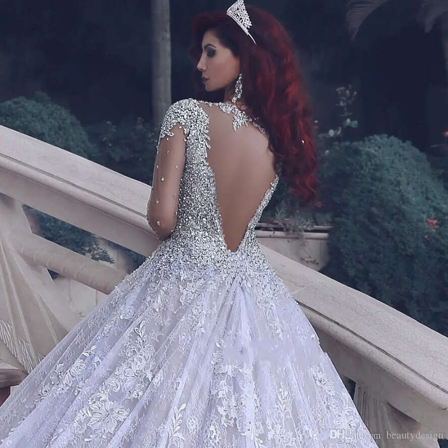 Long Sleeve Style Dubai Ball Gown Dresses Bridal Beaded Crystals Vestidos Noiva Wedding Gowns Robe De Mariage s