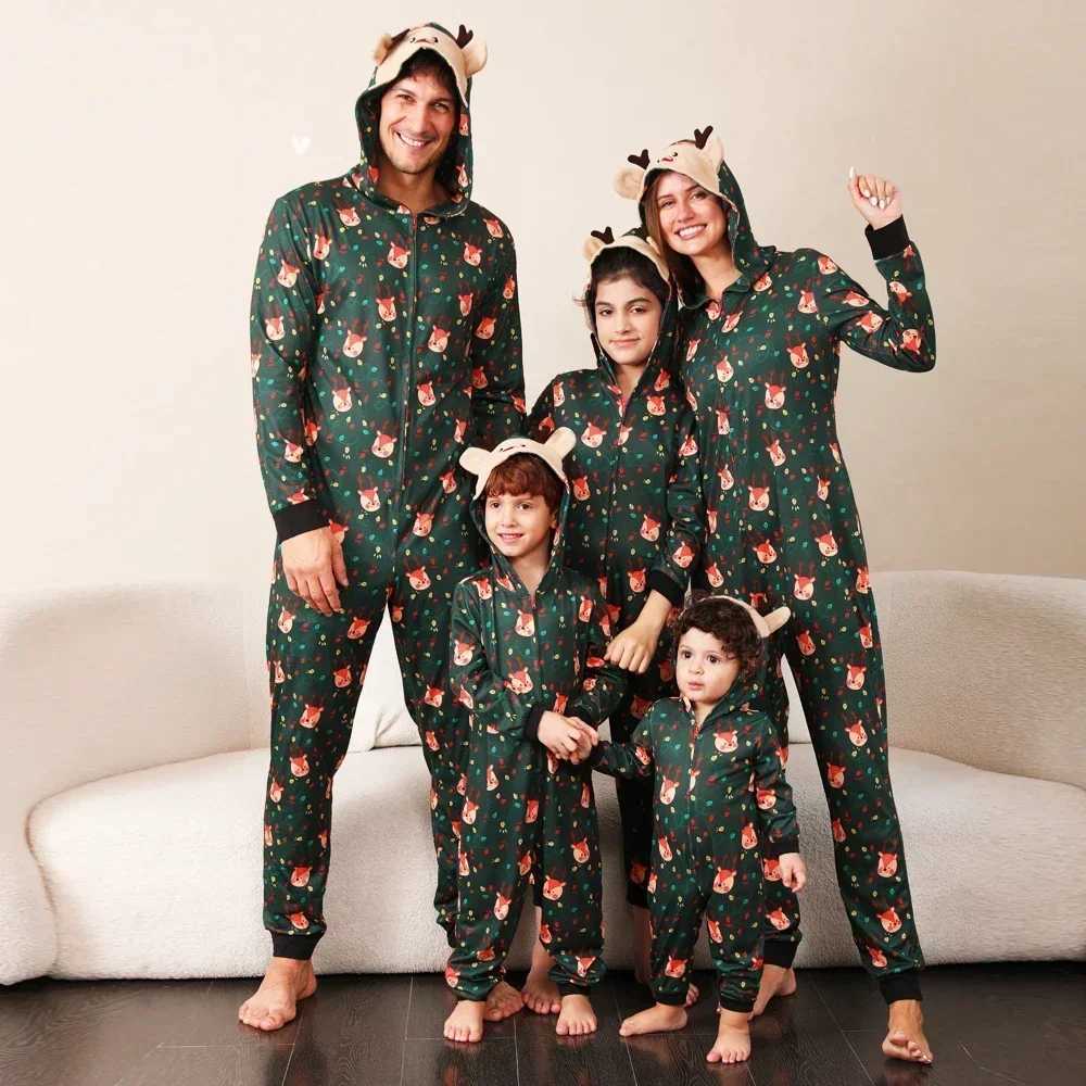 Family Christmas pajamas cartoon reindeer jumpsuit cute earmuffs jumpsuit mom dad child matching set warm and soft pajamas Christmas appearance W24101