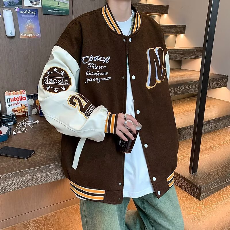 2024 Casual Jackets Embroidery Baseball Uniform Fashion Splicing Jacket Trendy Men's Couple High Street Motorcycle Coat