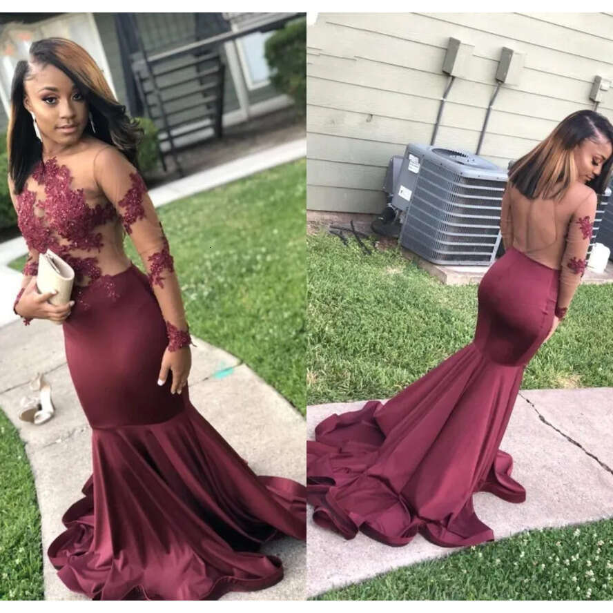 Prom Dresses Mermaid Bury For Black Girls 2019 African Long Sleeves Lace Appliqued Backless Evening Party Gowns Vestidos Bc1245