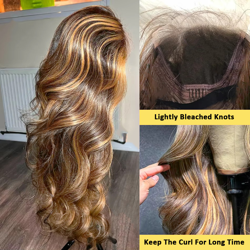 4/27 Highlight Brown Body Wave 13X4 Colored Front Human Hair Wigs Glueless 13X6 Ombre Blonde HD Lace Frontal Wig For Women
