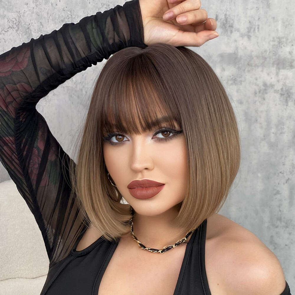 Wig For Women Short Straight Hair, BOB Head, Gradient Inward Button Wig, Headband With Bangs, Bob Head