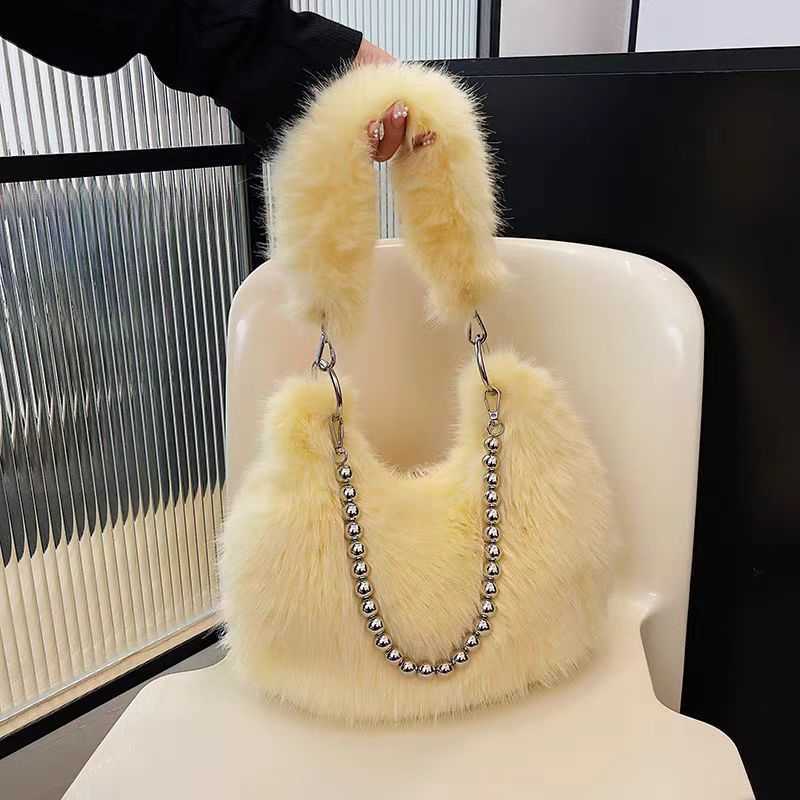 autumn winter furry bag design imitating fox fur armpit bag pearl chain shoulder bag dumpling bag 241015