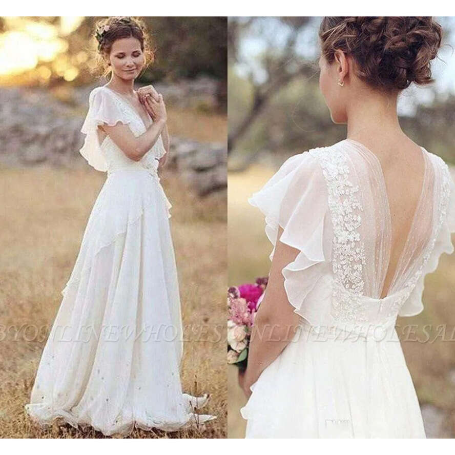 Style Bohemian Dresses Hippie 2020 Beach A-E Wedding Dress Bridal Gowns Backless White Lace Chiffon Boho Bm0864