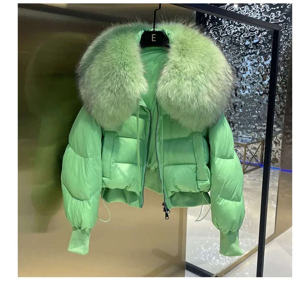 New 2024 Winter Puffer Jacket Women Thick Warm Short Parkas Real Natural Raccoon Fur Female Loose 90% White Duck Down Coat