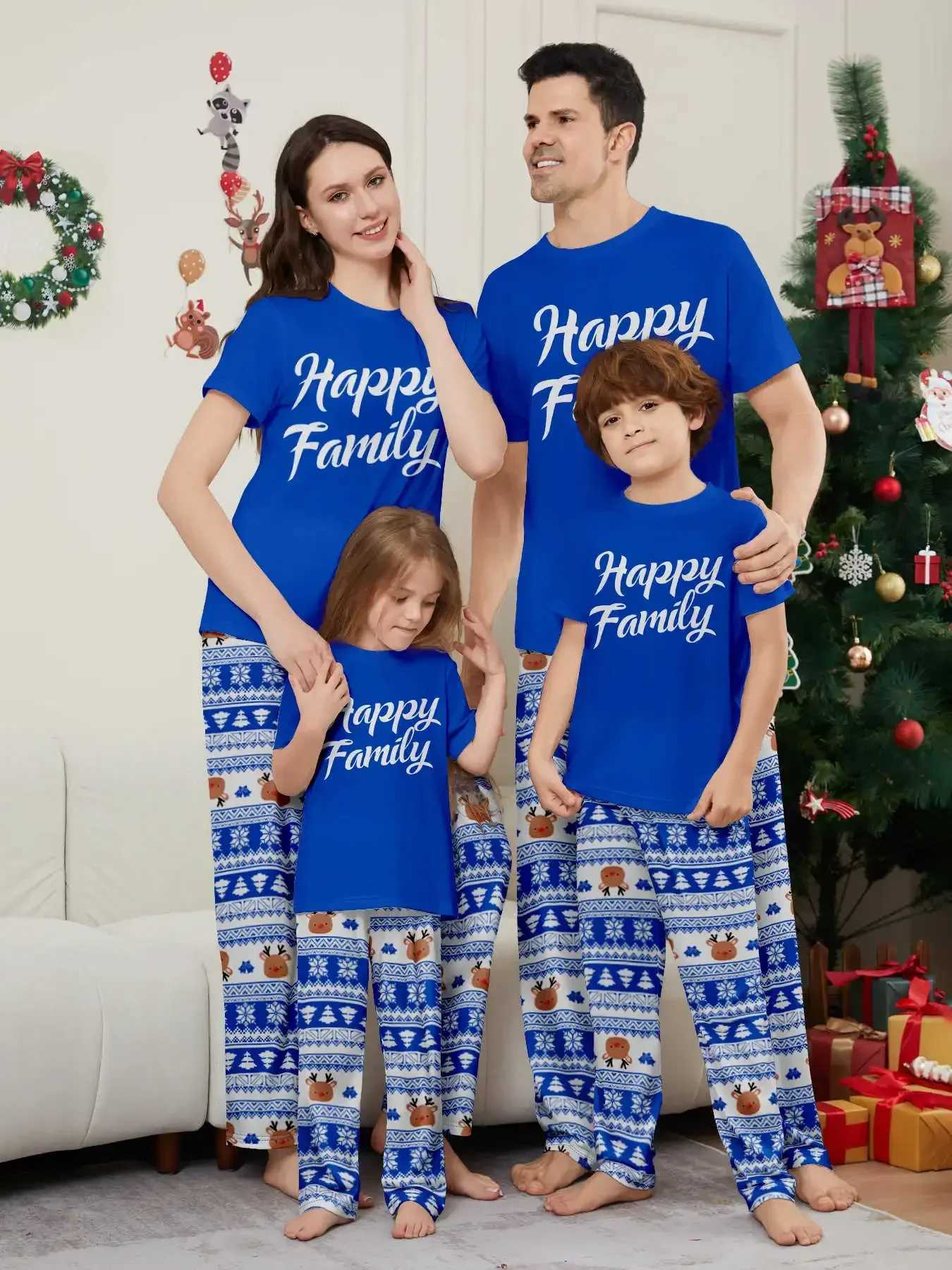 Happy Family Print Mom Daughter Dad Son Matching Clothes Short sleeved Top+Trousers 2-piece Christmas Pajama Set Christmas Appearance W241015