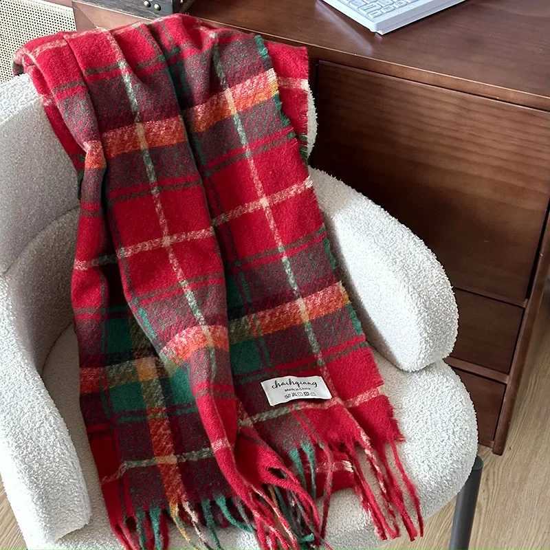 Christmas vintage cashmere scarf tassel plain double-sided scarf for women winter thick long shawl New Years gift outdoor cycling X241017