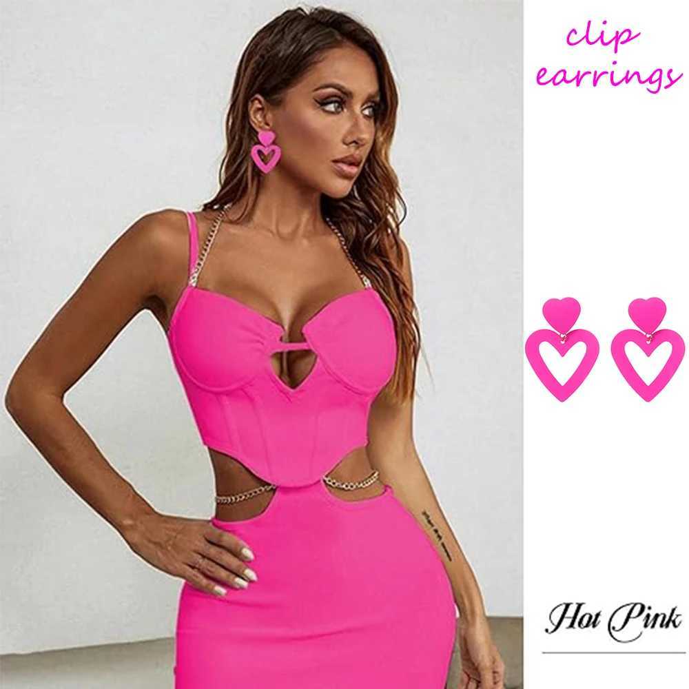 Pink double heart clip earrings hanging for women no perforations heart-shaped earrings Valentines Day Mothers Day gift W241017