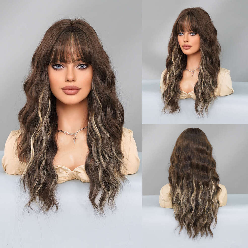 Women's Long Curly Hair, Beige, Dyed Brown, Fashionable Wig, Fluffy Natural Wig Set For Girls