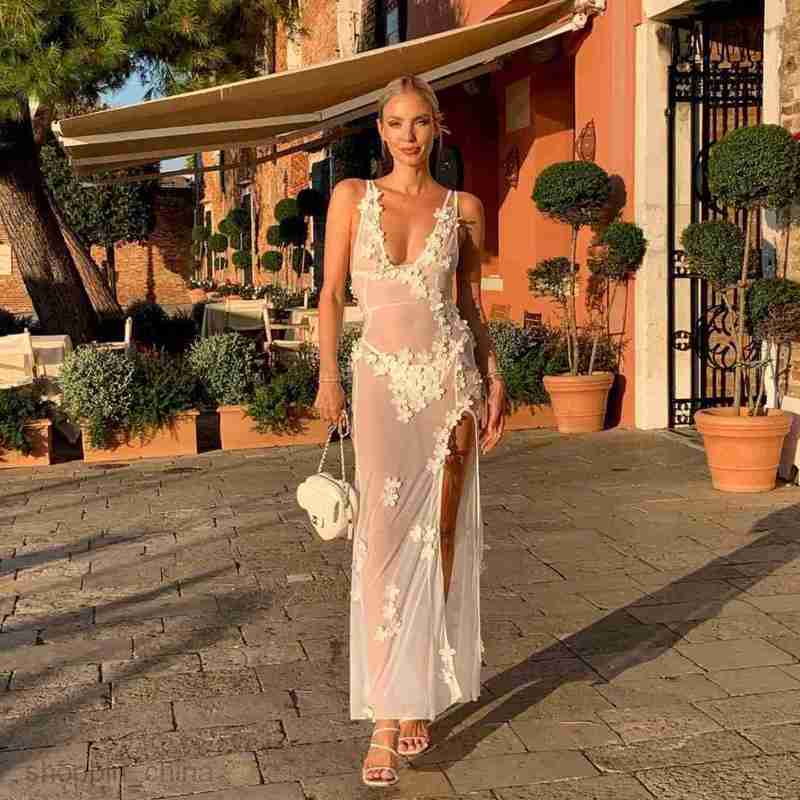 Basic Casual Women Dresses new deep V sexy backless camisole dress with mesh perspective three-dimensional flower dress