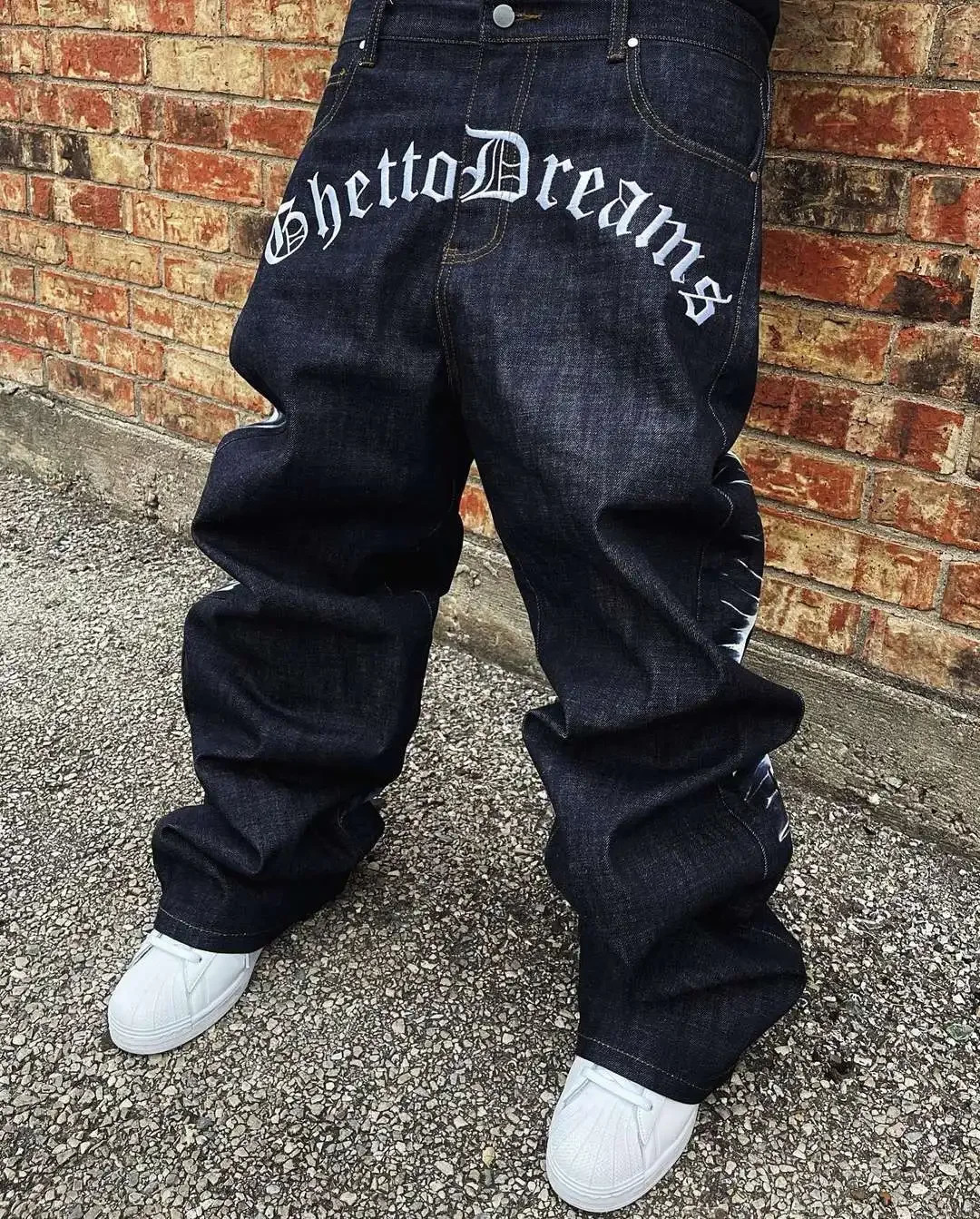 Hip hop street print casual jeans beautiful Y2K retro gothic fashion embroidered leg wide leg jeans mens clothing 241009