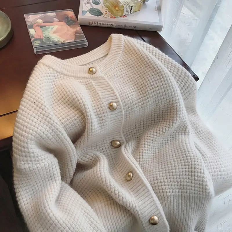 Autumn Winter Round Neck Long Sleeve Fashion Sweater Women Solid Color Waffler Button Cardigan Elegant All-match Chic Tops 241017