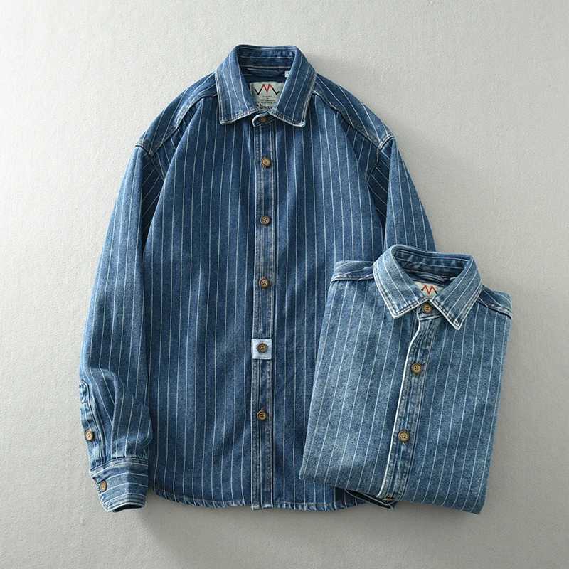 American Style Classic Nostalgic Striped Denim Shirt Mens Long Sleeve Washed Loose Blue Fashionable plus size Shirt for Men LX241017