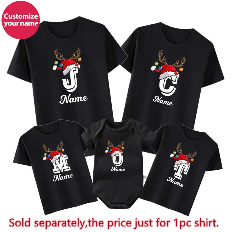 Personalised Christmas Family Matching Shirts Custom Initial with Name Mom Dad Kids Tshirt Baby Outfits Holiday Girl Boy Clothes 241017