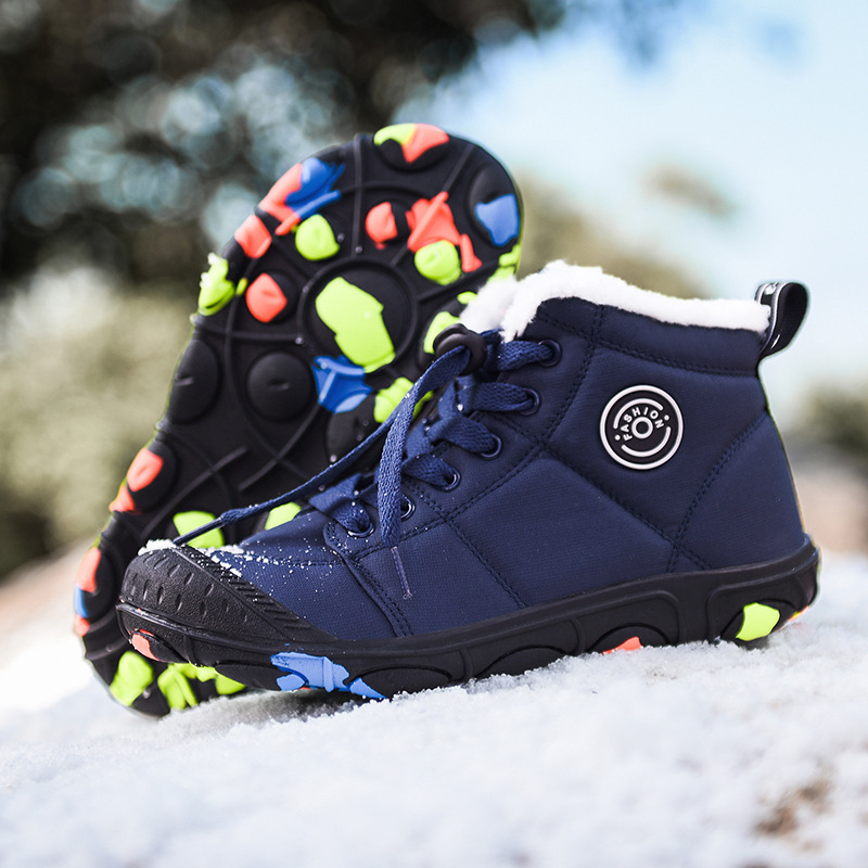New Winter Children's Waterproof Cotton Shoes Outdoor High Top Snow Boots with Velvet Anti slip Camouflage Bottom for Warmth