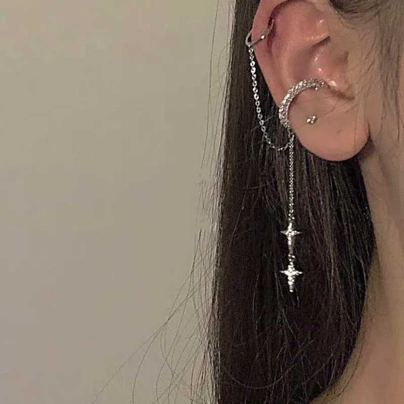 Sparkling silver crystal cross star tassel ear clip suitable for women fashionable rhinestones long holiday earmuffs perforated ear sleeves jewelry W2