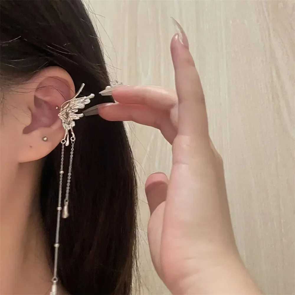 Kpop silver earrings fairy angel wings butterfly long tassel clip earrings suitable for female teenagers cool ear cuffs party jewelry W241017