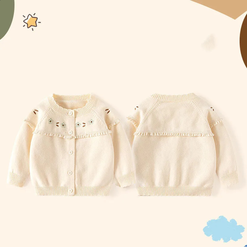 Autumn Toddler Girls Sweater Cotton Knitted Flower Embroidery Baby Coat Ruffles Elastic Little Cardigan Knitwear 241017