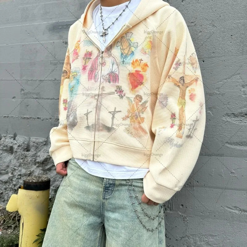 American Retro Casual Oversized Sweatshirt Harajuku Punk Cross Print Zipper Hoodie Men Street Trend Clothing Jacket 241016