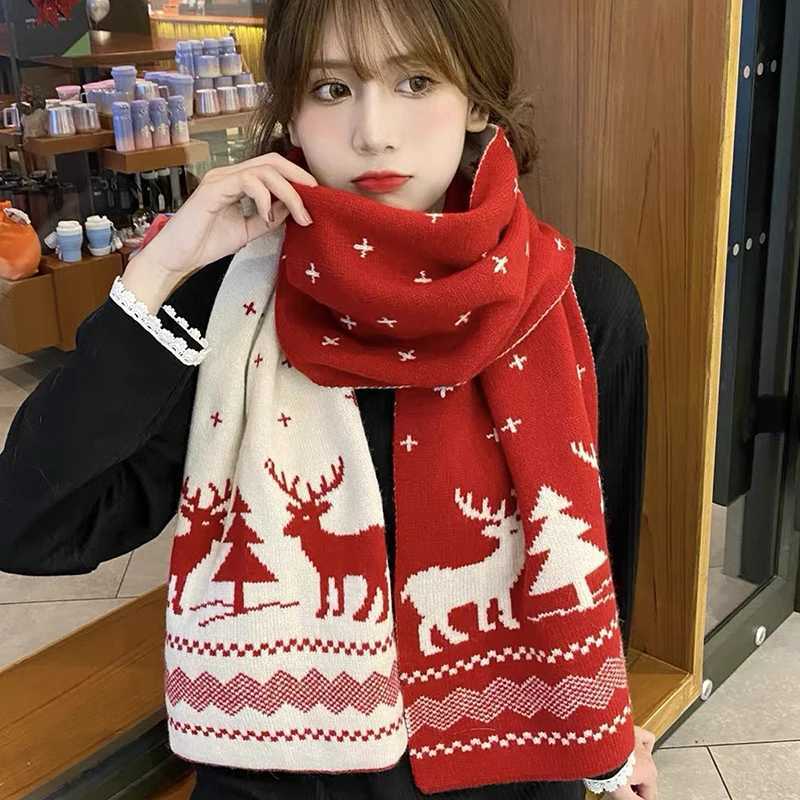 Wen Mens Deer Winter Warm Scarf Double sided Knitted Scarf Fashion Edition Wool Shawl Girl Christmas Gift X2410172