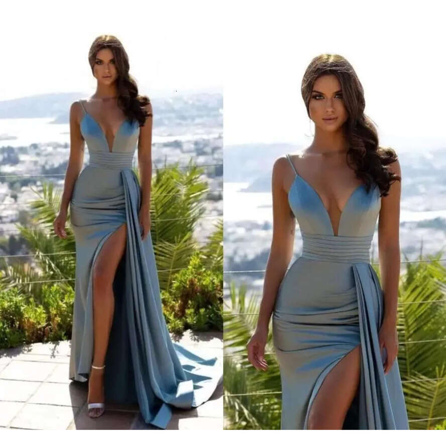 High Ice Sexy Blue Side Split Mermaid Evening Dresses Spaghetti Straps V Neck Pleats Ruffles Sweep Train Party Prom Gowns Custom Made Pro