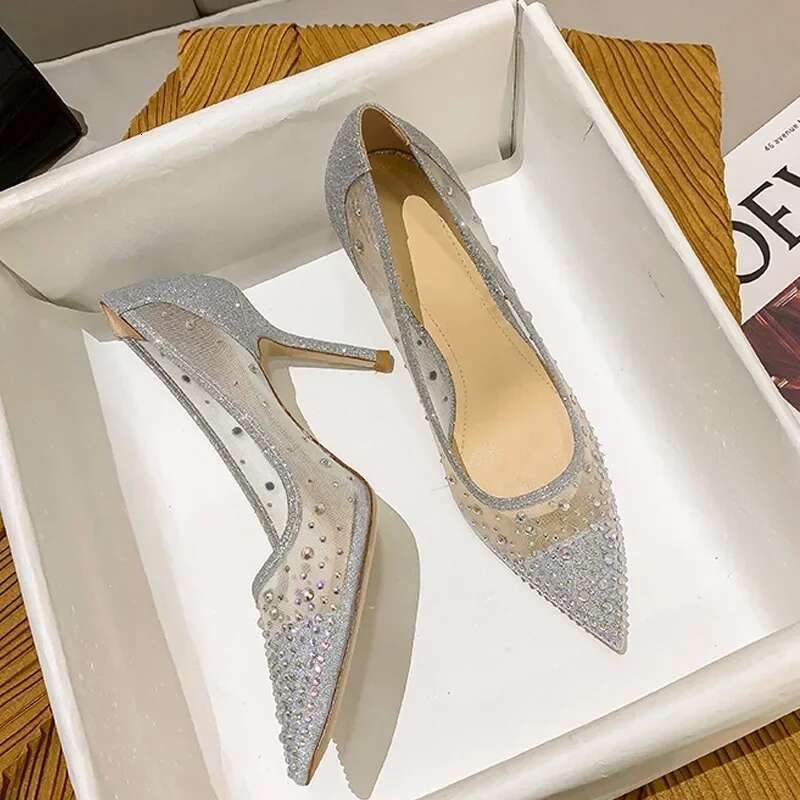 Women's Shallow Mouth Spring/Summer New Pointed High Sexy Banquet Lace Heels Fashionable Flat Sole Single Shoes