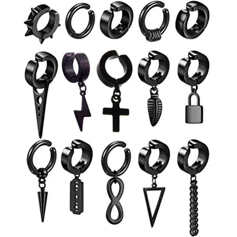 1-15 piece clip on mens earring set stainless steel black false perforated earrings W241017