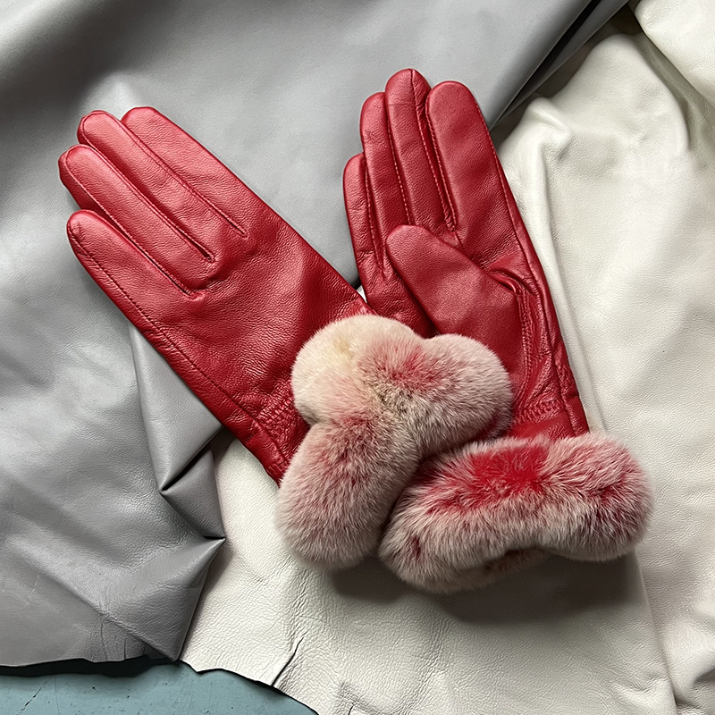 Autumn winter women's genuine leather gloves 100% real rex rabbit fur genuine sheepskin mittens black red blue pink